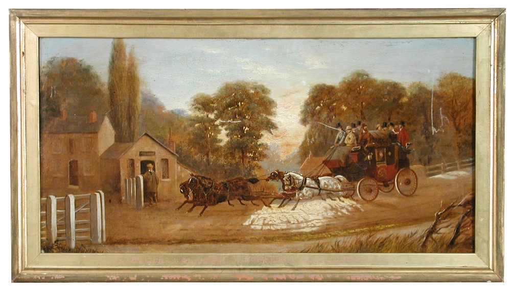 Circle of Henry Alken (British, 1785-1851) Hounds crossing a lane in full flight in front of a Coach - Image 2 of 7