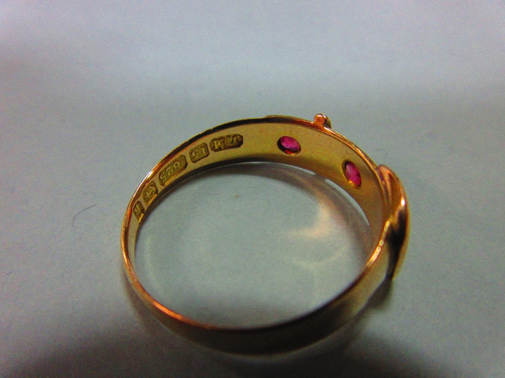 A Victorian 15ct gold buckle ring set with rubies, the two stones, one oval cut the other round cut, - Image 3 of 5