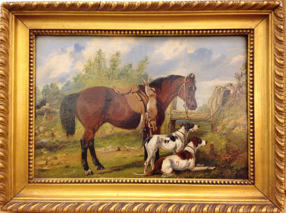 *Amended Description* Henry Alken, Junior A bay pony with two pointers in a landscape signed lower - Image 2 of 5