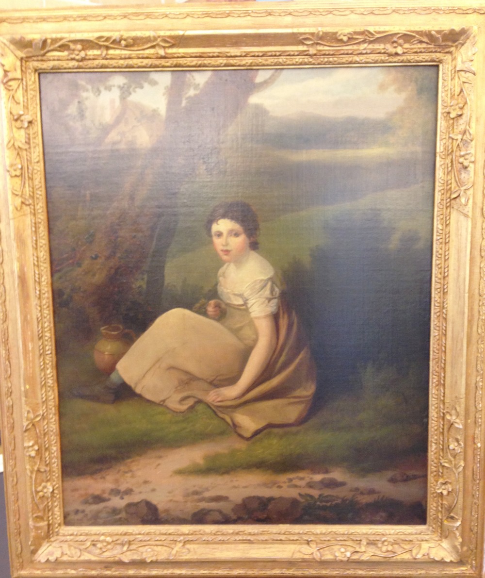 R *** W *** (British, 18th-19th Century) A young girl with a pitcher, seated by a tree signed on the - Image 2 of 8