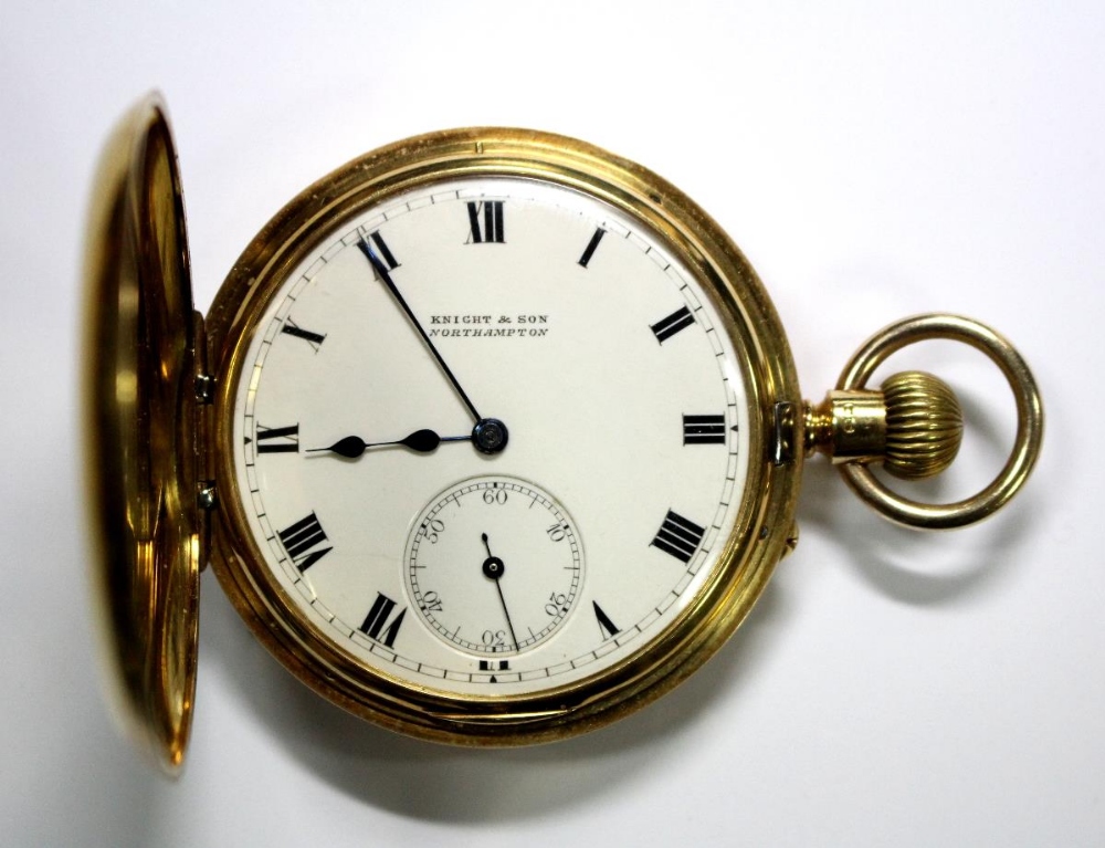 By Knight & Sons - an 18ct gold half hunter cased pocket watch, the white dial printed in black with - Image 2 of 3