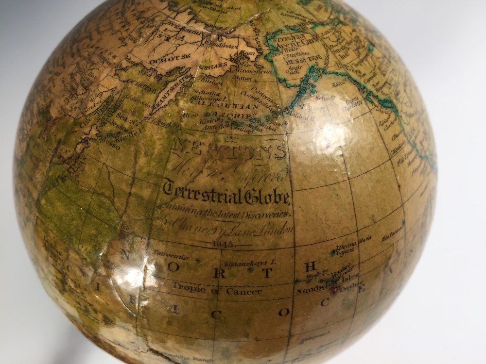 A Newton's terrestial 4.25 inch globe, circa 1845, varnished gores to a turned mahogany stand, - Image 3 of 3