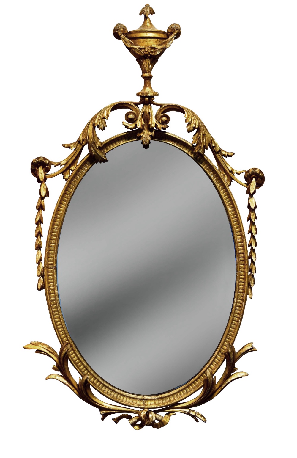 An 18th century style gilt framed wall mirror, of neo-classical design with urn finial, leaf and