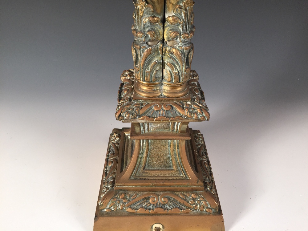 A 19th century gothic brass column lamp later converted as an electric lamp, the bowl nozzle on four - Image 3 of 3