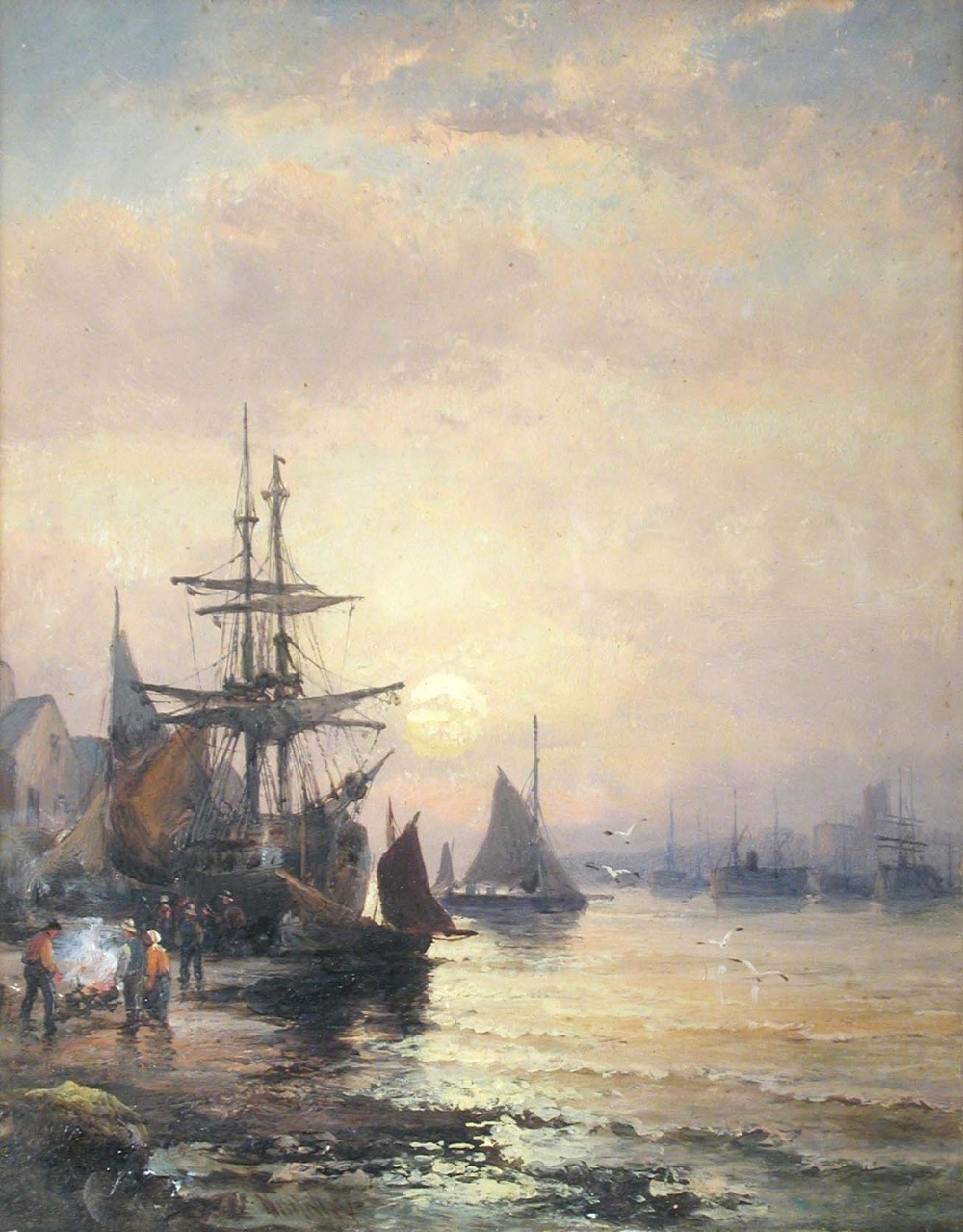 William Anslow Thornley (British, 1857-1898) Sailing ships in harbour at dawn and at sunset both