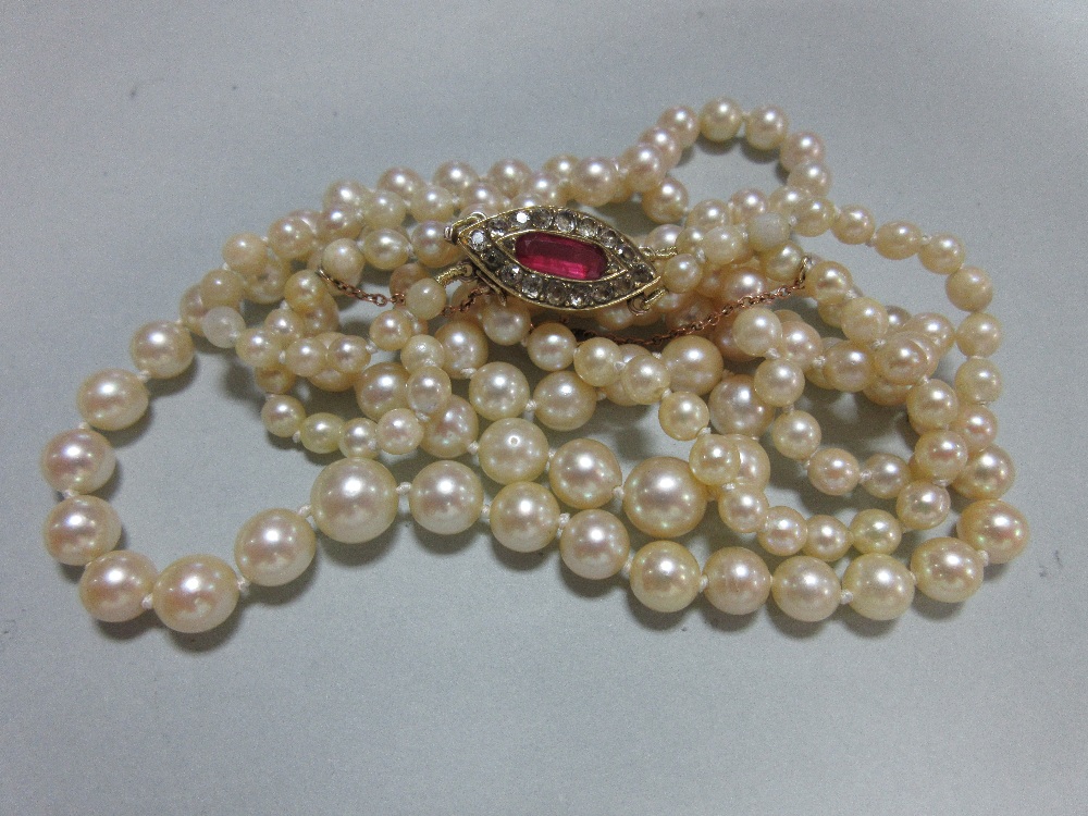 A two row pearl necklace with ruby and diamond clasp, the 3.6 - 8.0mm graduated pearls, to a navette - Image 4 of 7