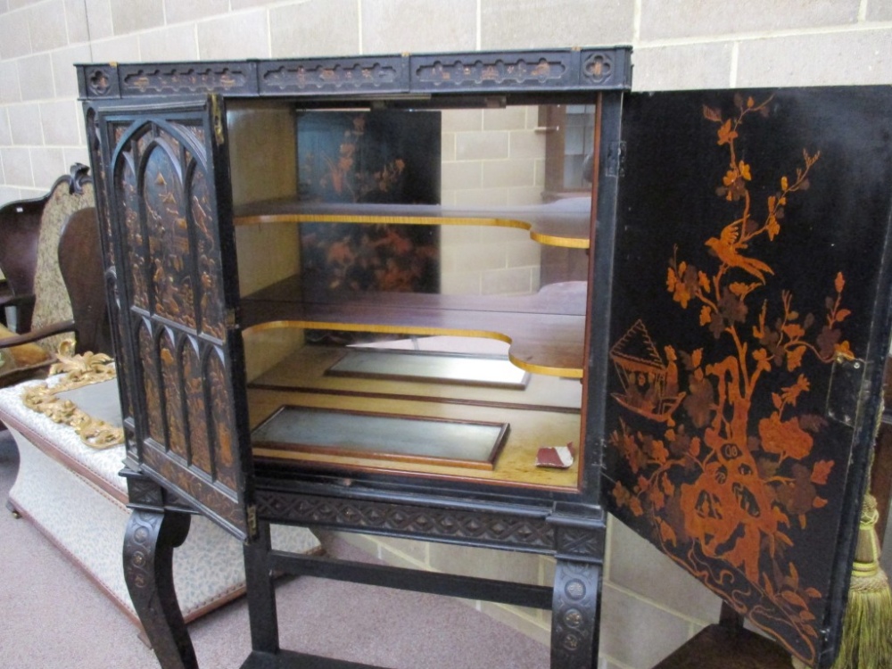 A Regency gothic revival black lacquer cabinet on stand, decorated in gilt with Chinoiseries in - Image 2 of 7