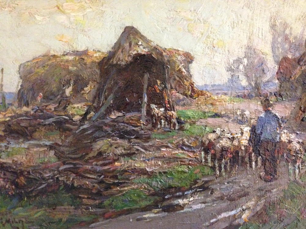 § William Watt Milne (British, 1865-1949) A shepherd with his flock amongst hay barns signed lower - Image 2 of 5