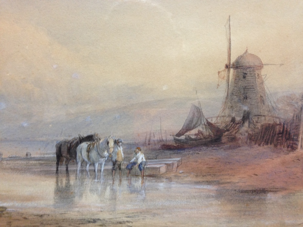 Thomas Leeson Rowbotham (British, 1823-1875) Heavy horses by a windmill on a shore signed lower - Image 3 of 7