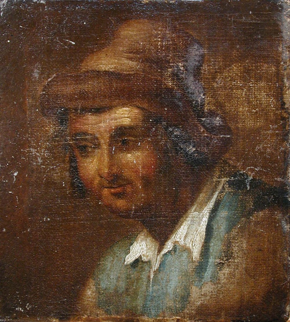 Dutch School (late 18th Century) Head of a young man in a red cap oil on canvas laid to bevelled oak