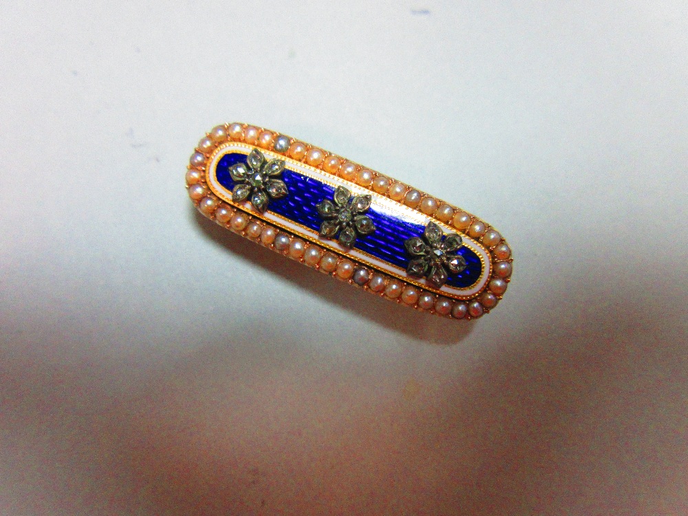 A Georgian diamond, seed pearl and enamel brooch, of elongated oval form and closed back setting, - Image 4 of 4