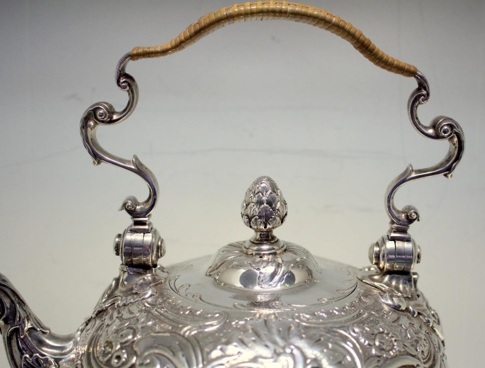 A silver tea kettle on stand, by George Methuen, London 1750, the upper compressed globular body - Image 4 of 8