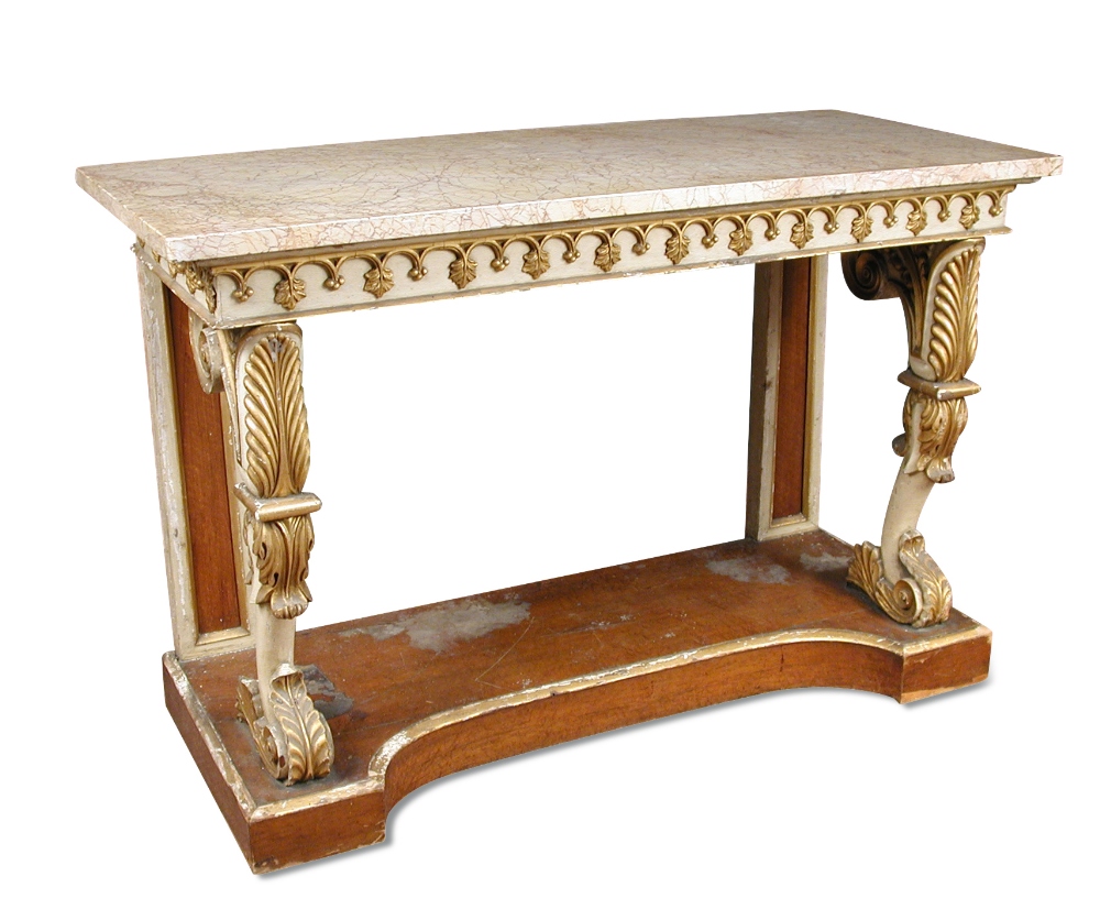 An early 19th century parcel gilt and marble console table, a veined marble top on an ivory