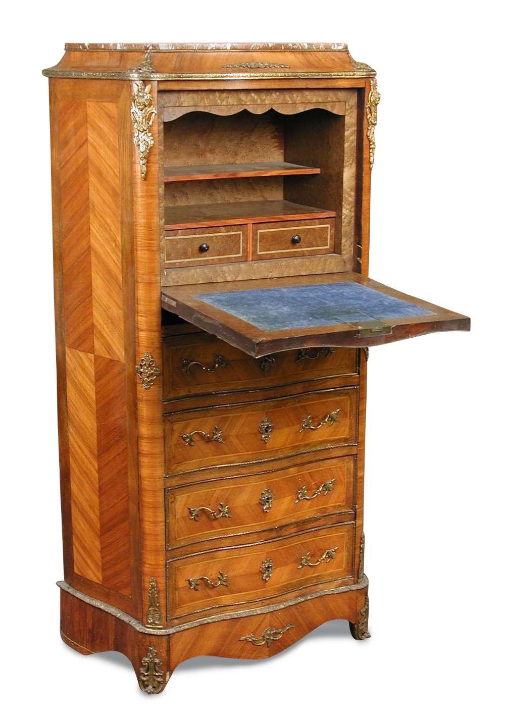 A Louis XV revival tulip wood semaniere, of serpentine outline with marble top and gilt metal