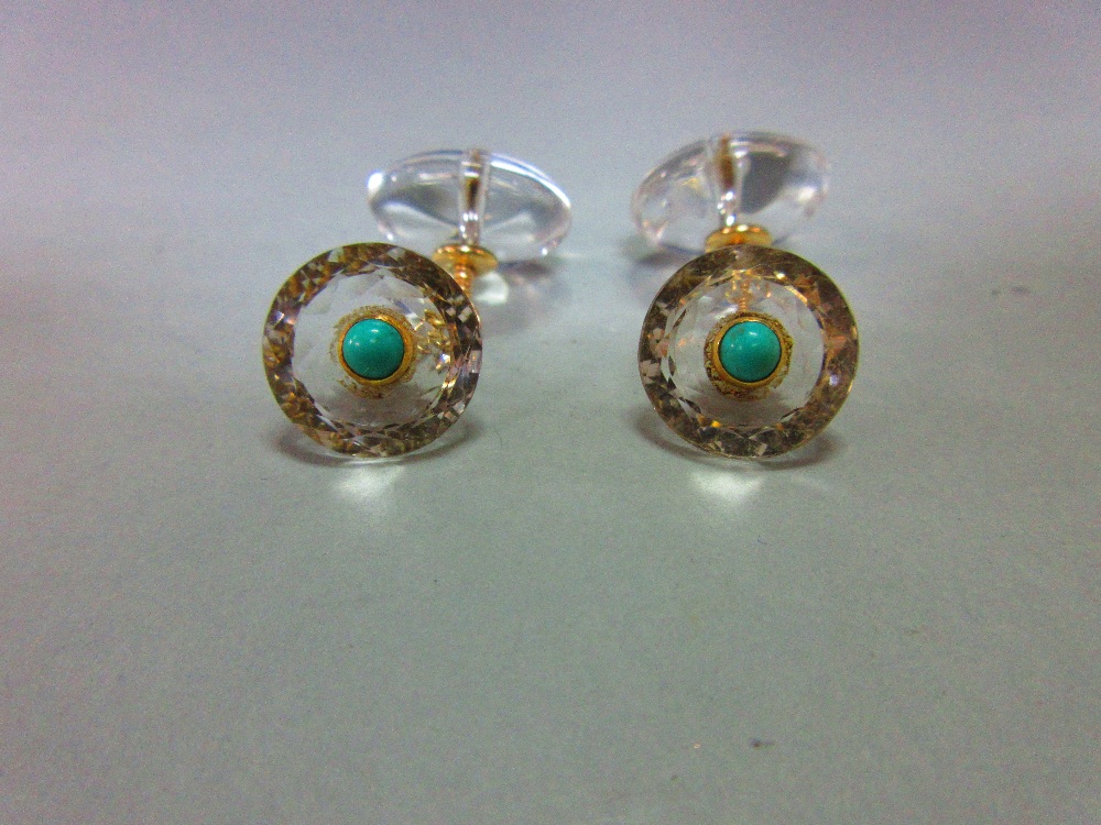 A pair of rock crystal and turquoise cufflinks, each with a circular cabochon turquoise collet set - Image 6 of 6