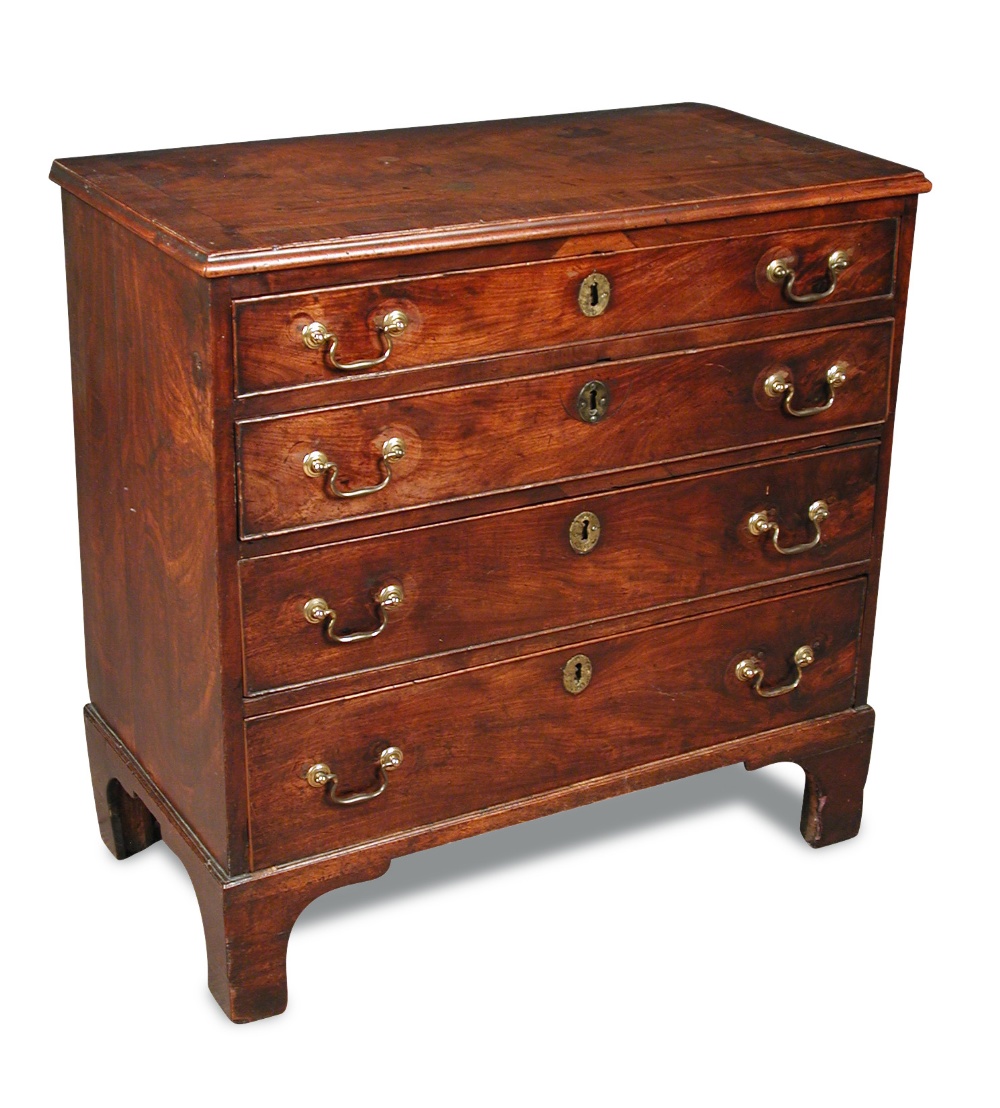 A George III mahogany chest of drawers, four long drawers, crossbanded top and sides, brass swan