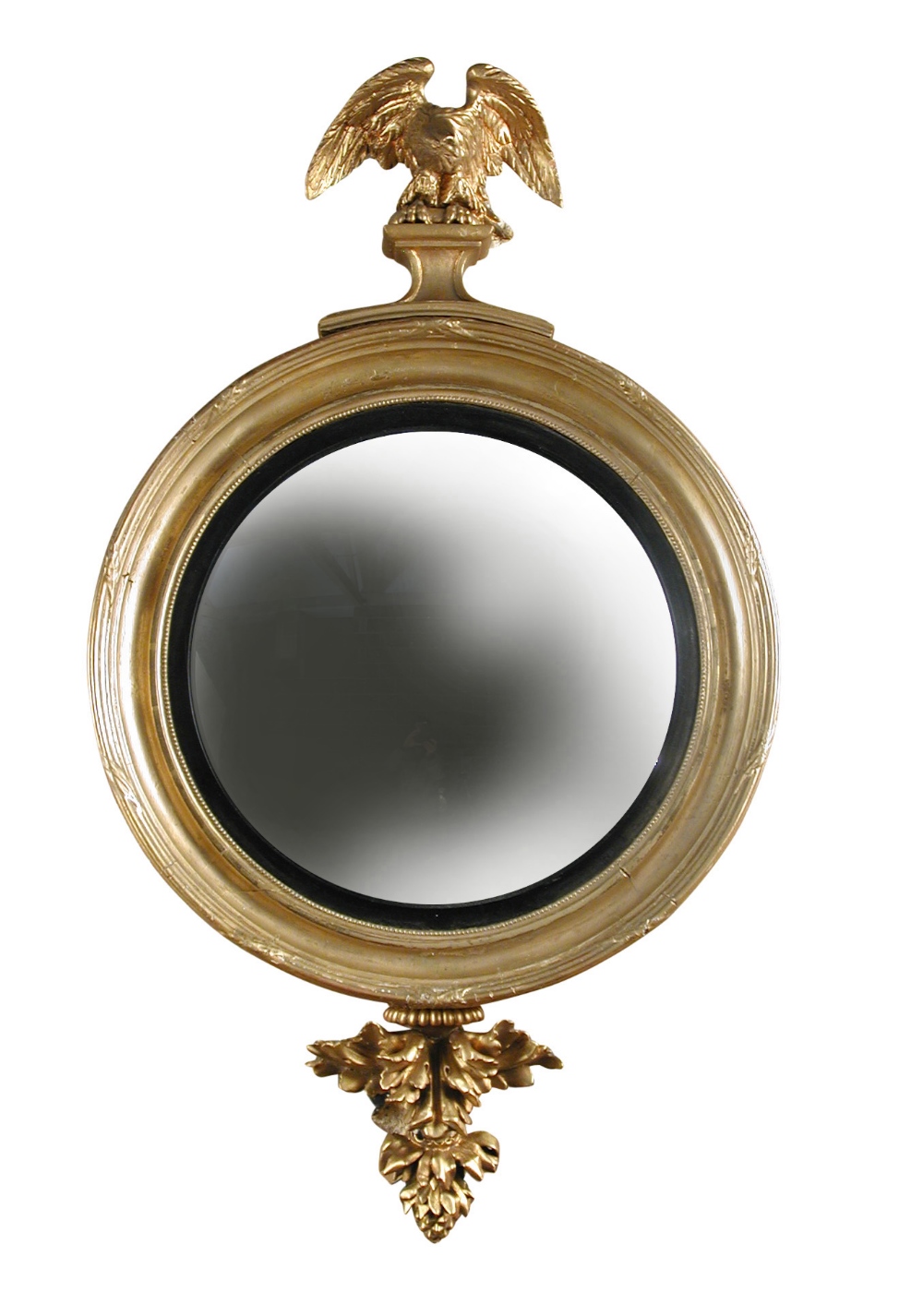 A Regency gilt painted convex circular wall mirror, with Eagle cresting and leaf carved apron 107