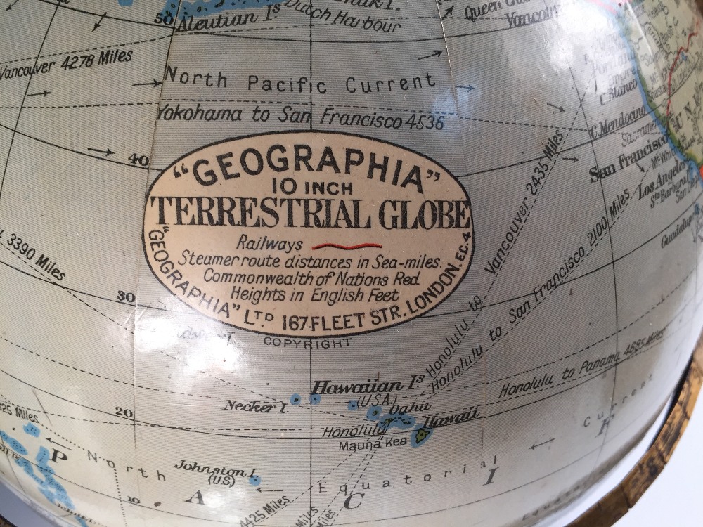 A Geographia 10 inch electric terrestrial globe, on a lacquered brass support and moulded wooden - Image 2 of 2