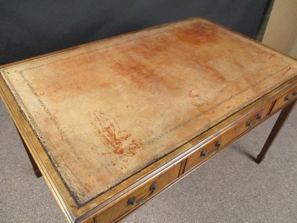 A George III style mahogany library table, with faded red leather lined top, fitted three frieze - Image 2 of 5