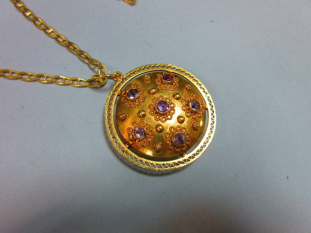 An amethyst and cannetille work pendant with associated chain, both items stamped '750' for 18ct - Image 2 of 4