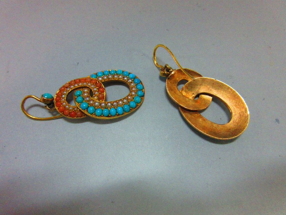 A pair of 19th century turquoise, coral and seed pearl earpendants, each hook faced by a round - Image 3 of 3