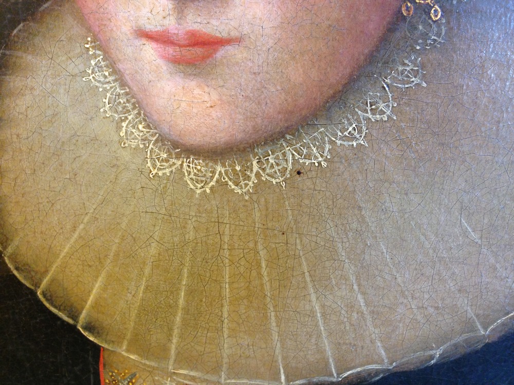 Manner of William Larkin (British, active 1580-1619) Portrait of a lady in a ruff and coral - Image 7 of 11