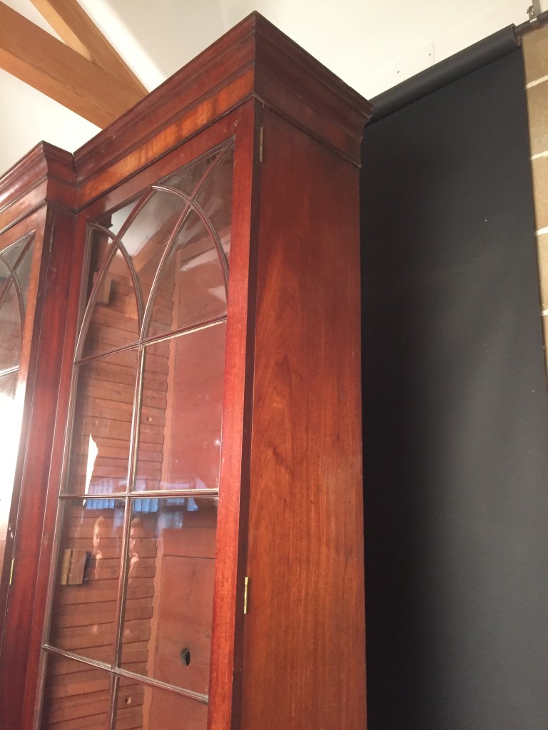 A George III mahogany breakfront library bookcase, with gothic arched glazed doors above and - Image 6 of 9