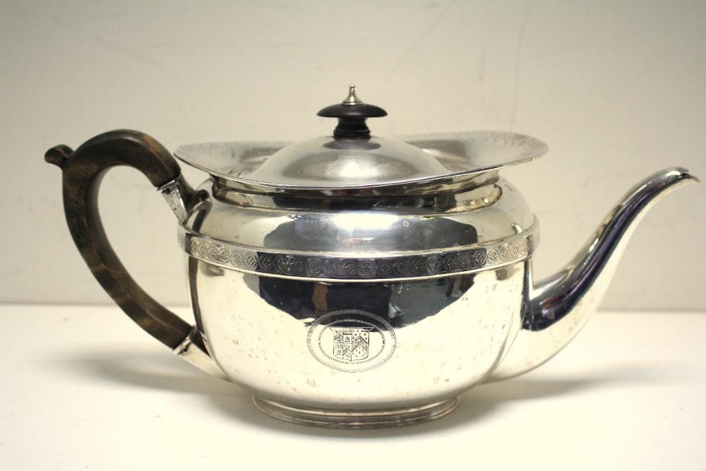 A George III silver three piece tea set by John Emes, London circa 1805, comprising a teapot of oval - Image 3 of 11