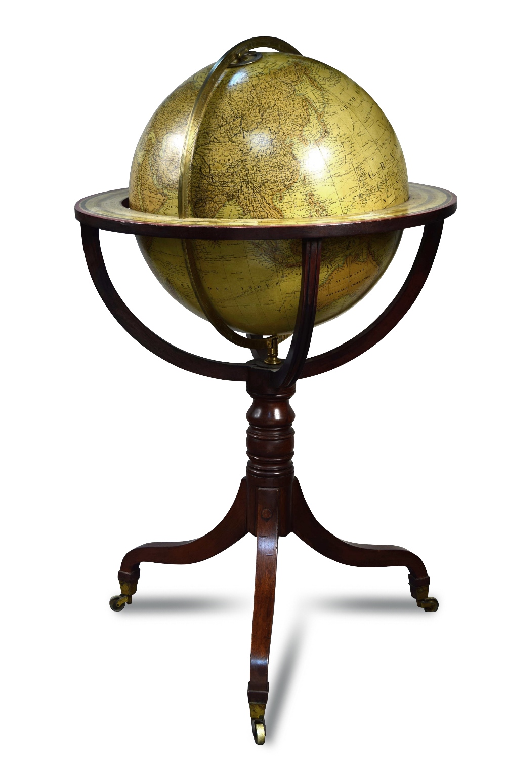 A Bastien terrestrial library globe, modern, on a Regency style mahogany stand with brass casters,