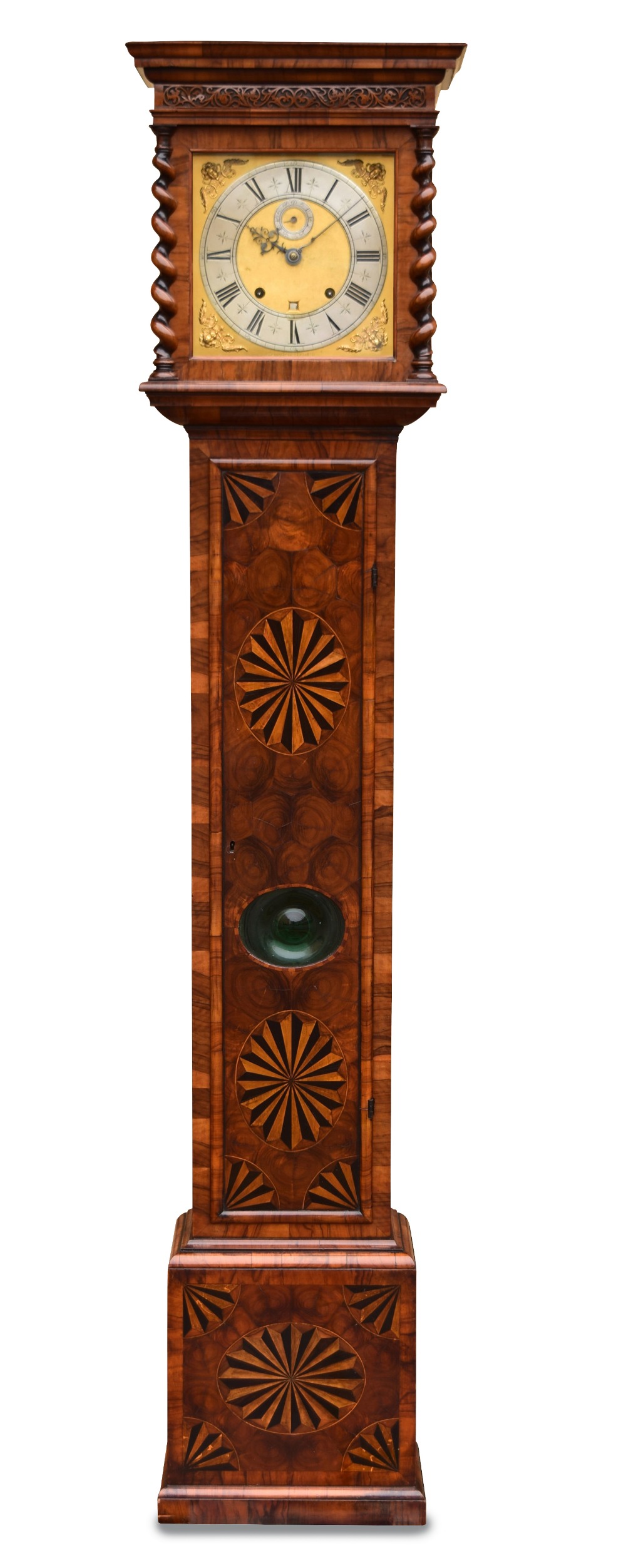 Henry Jones, London, a month going walnut parquetry and oyster veneered longcase clock, purchased