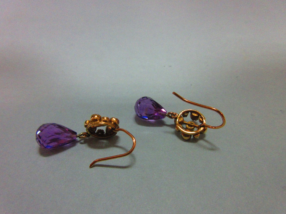 A pair of briolette amethyst, diamond and seed pearl earpendants, each hook fronted with an open - Image 2 of 4