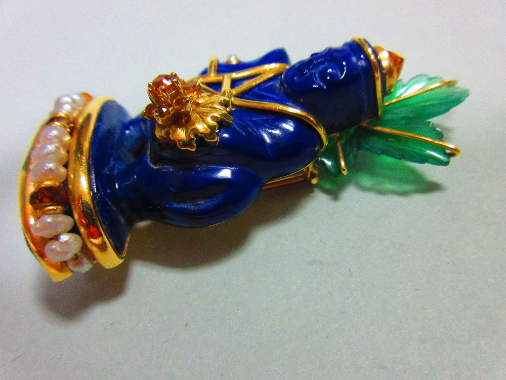 A Seaman Schepps carved lapis lazuli and gemset figurative brooch, the lapis carved as a figure on - Image 5 of 7