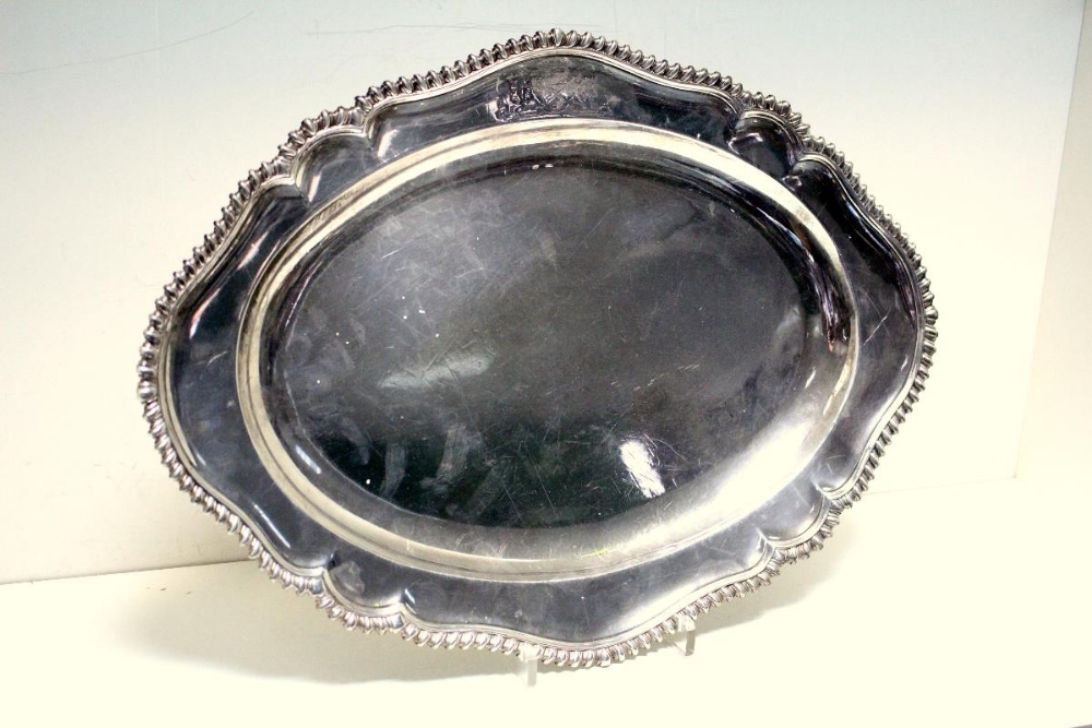 A George II silver meat plate, by John Hugh Le Sage, London 1742, of oval shape with gadrooned edge, - Image 2 of 4