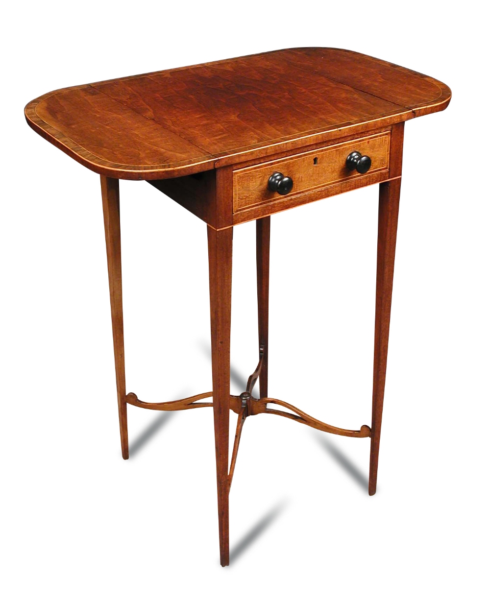 A Sheraton partidgewood drop-leaf table, crossbanded in rosewood, fitted a single drawer, later