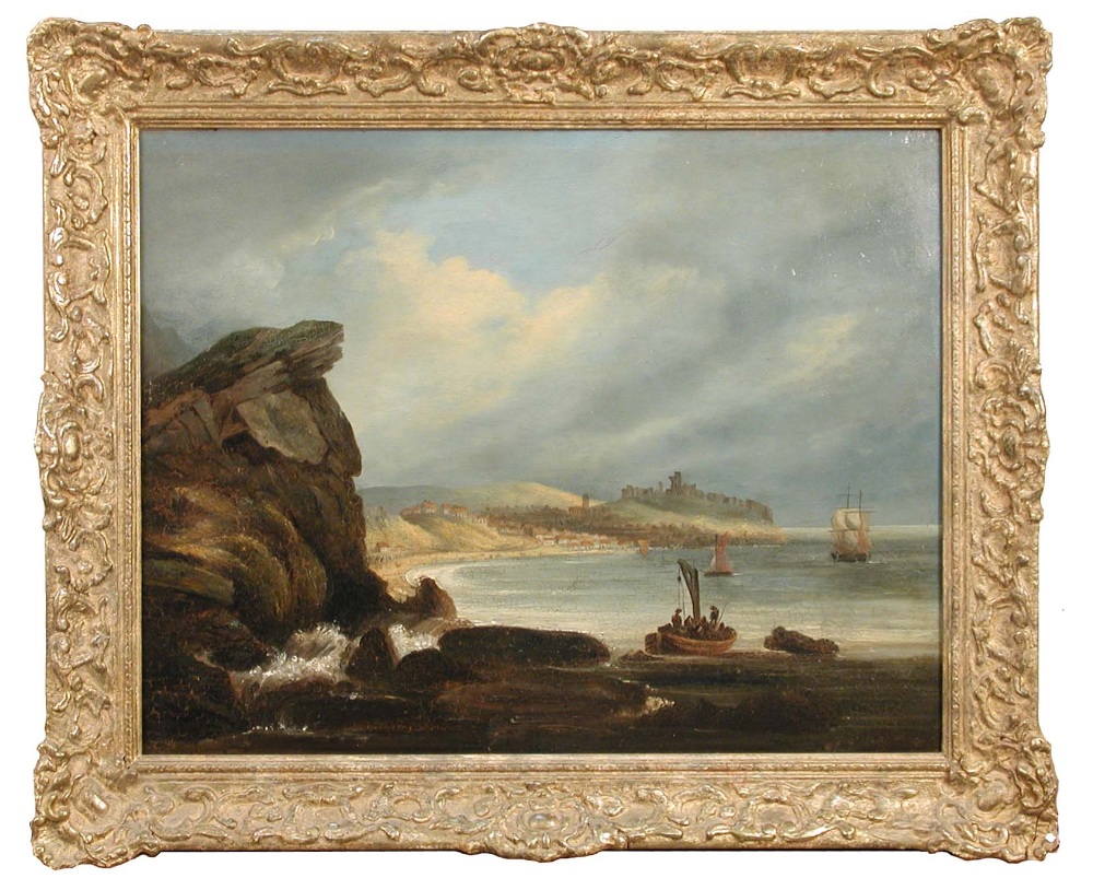 English School (18th Century) View of Scarborough Bay, Yorkshire, from First Point with boats in the