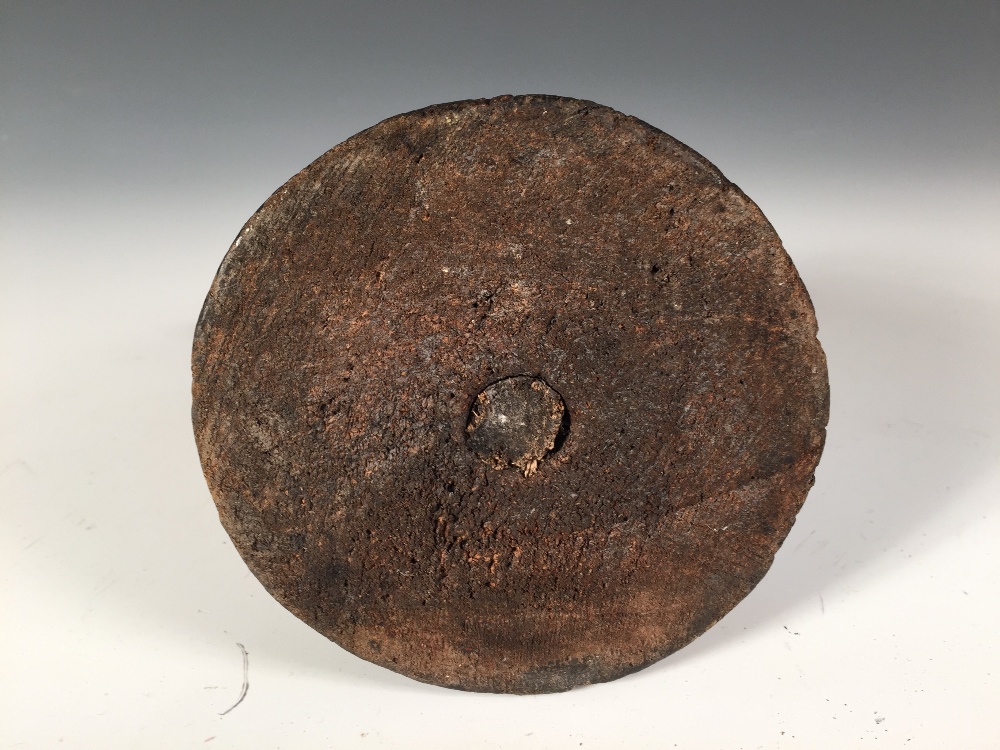 An 18th century English West Country iron rushlight on original domed wooden base, the polygonal - Image 3 of 3