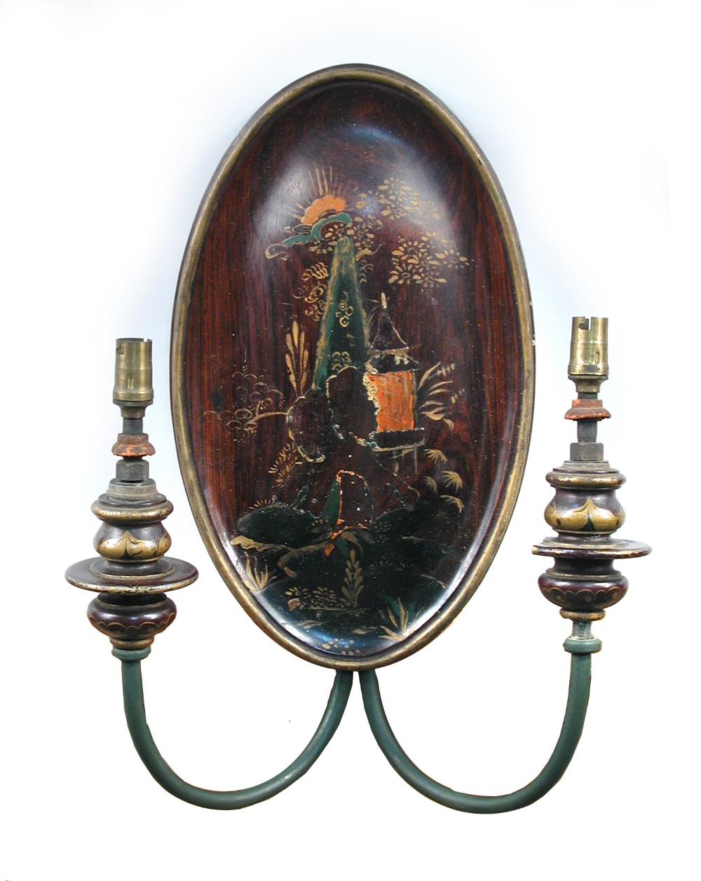 A set of four 1920's Chinoiserie wall lights, the oval mahogany back plates lacquered with Chinese