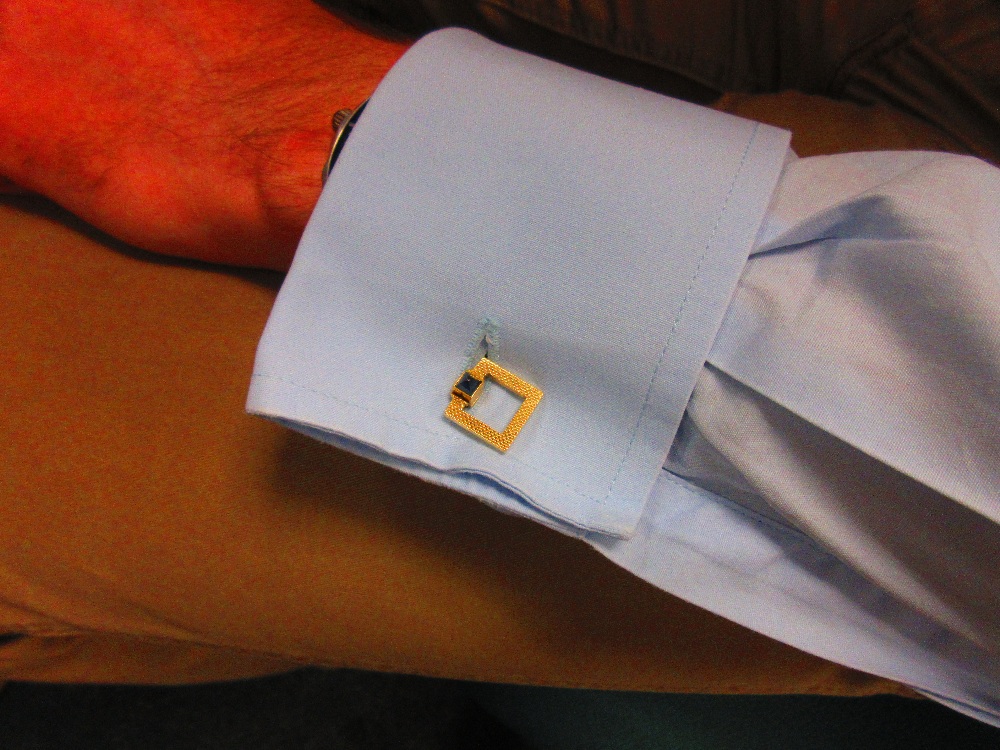 A pair of French 18ct gold and sapphire cufflinks by Mellerio, each formed as a square section - Image 6 of 8