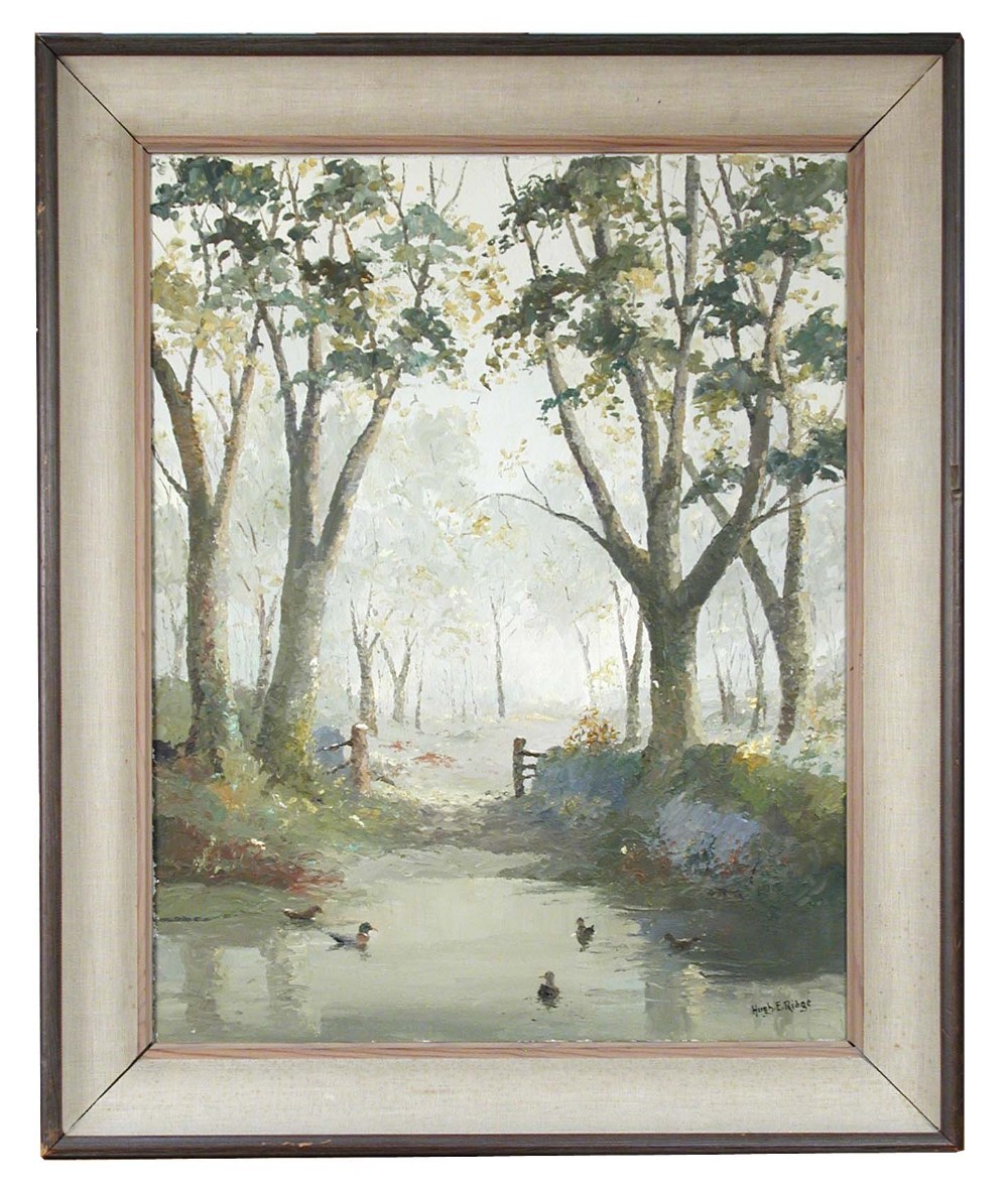 Hugh E Ridge (British, 1899-1976) Ducks on a woodland pool signed lower right "Hugh E Ridge" oil