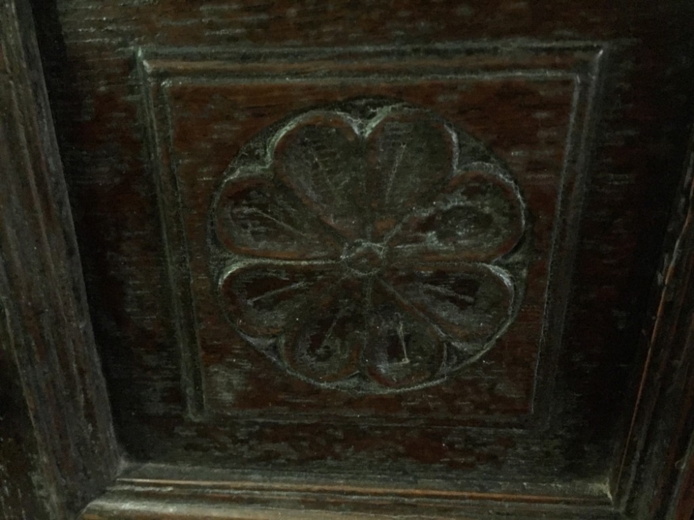 A late 17th century oak tridarn, with open front overhung shelf to the top supported by turned - Image 2 of 3