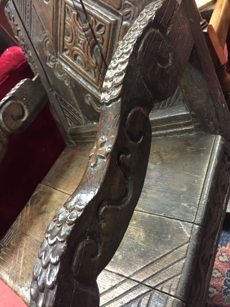 An early 17th century oak wainscote chair, carved in the Medieval style with celtic designs, mask - Image 2 of 6