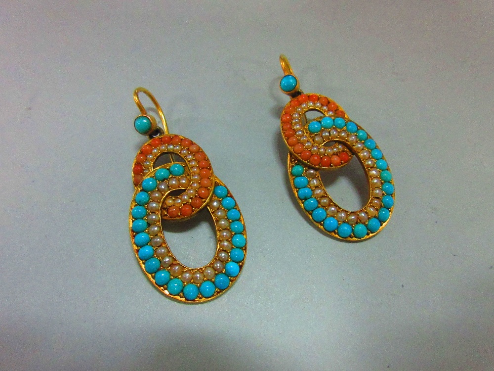 A pair of 19th century turquoise, coral and seed pearl earpendants, each hook faced by a round