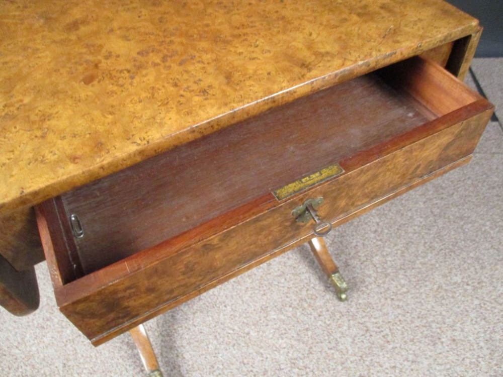 A late Regency burr walnut sofa table, with single drawer, on standard end supports with fret carved - Image 2 of 2