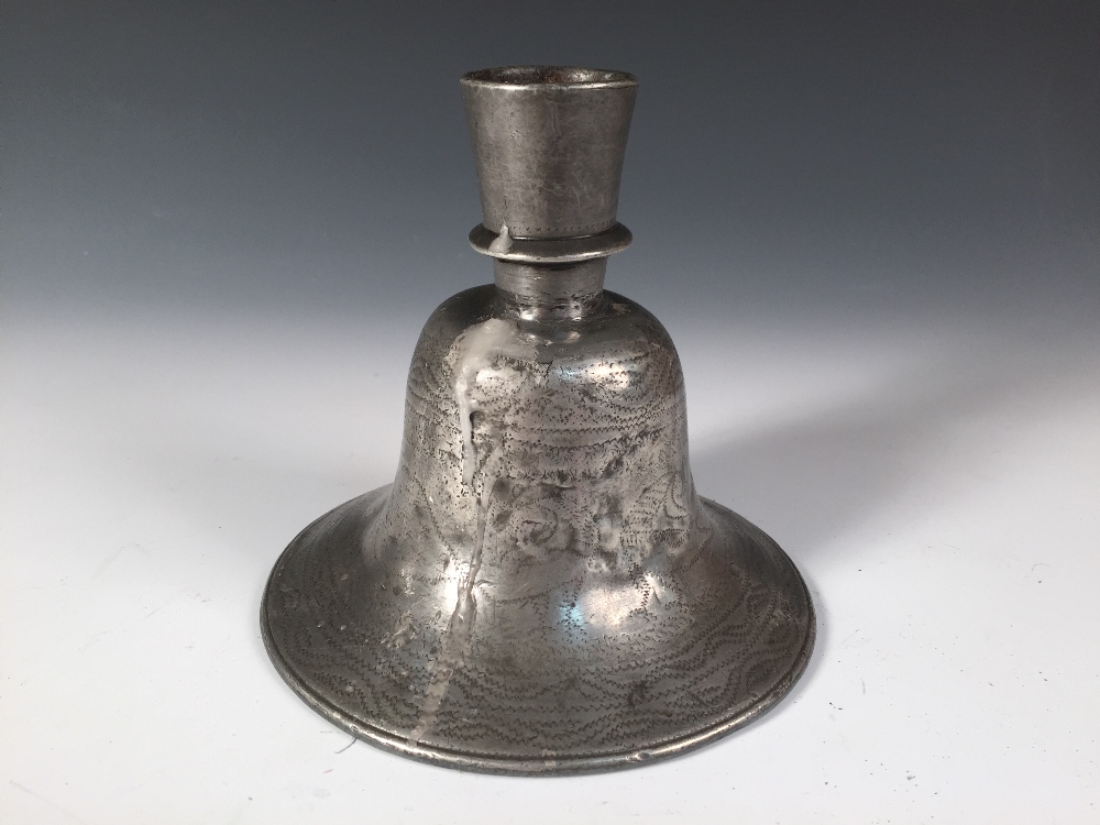 A pewter hookah pipe base, possibly 18th century Persian, the exterior of the bell shaped vessel