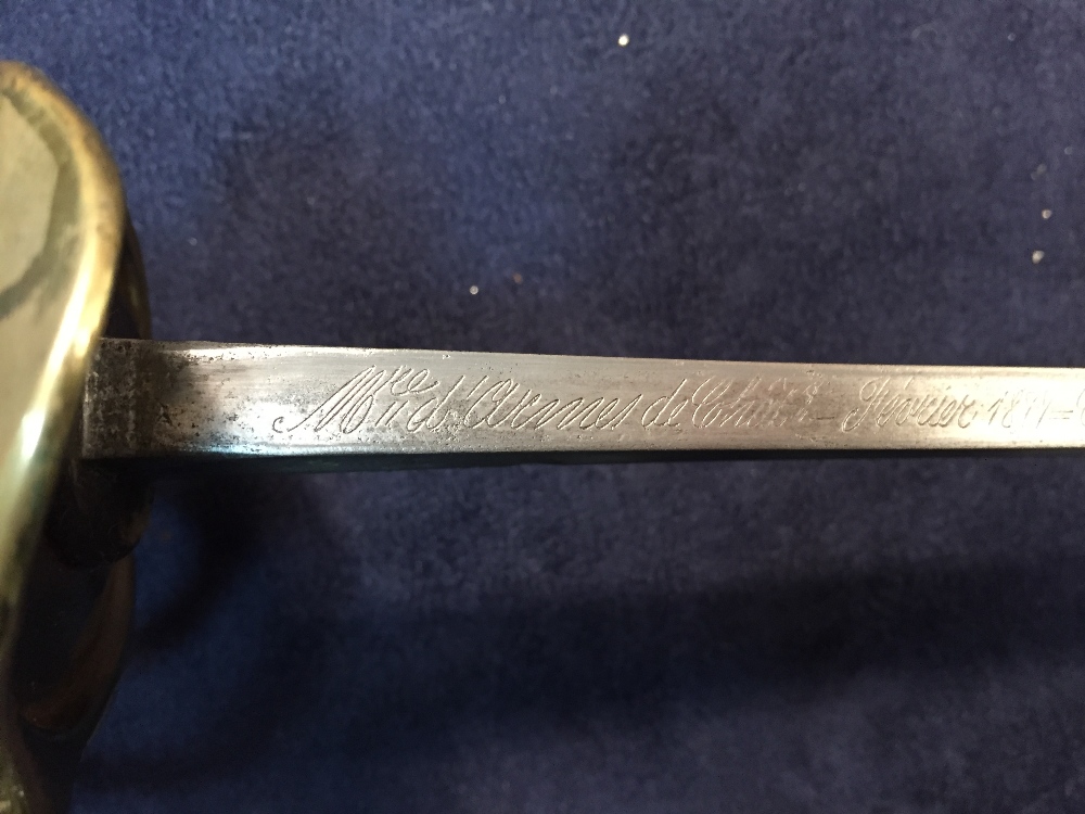 A 19th century French cavalry sword, the blade dated 1877, with brass three loop guard and wire - Image 4 of 6