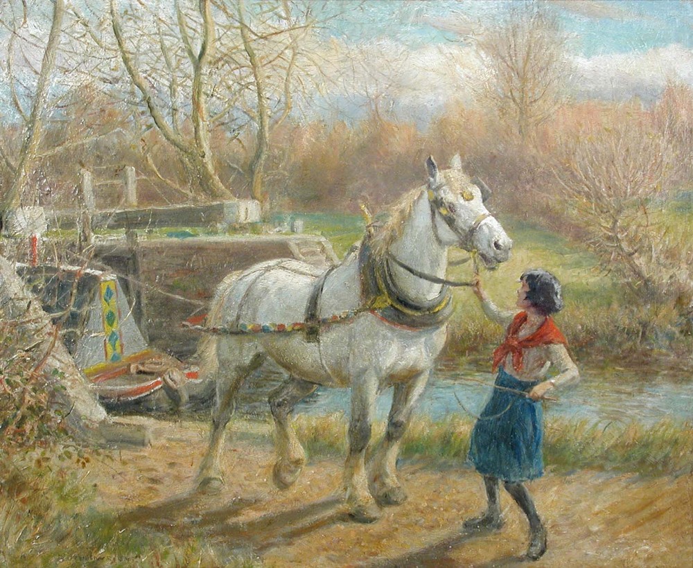 § Rowland Wheelwright, RBA (British, 1870-1955) A gypsy girl leading a canal horse on a towpath