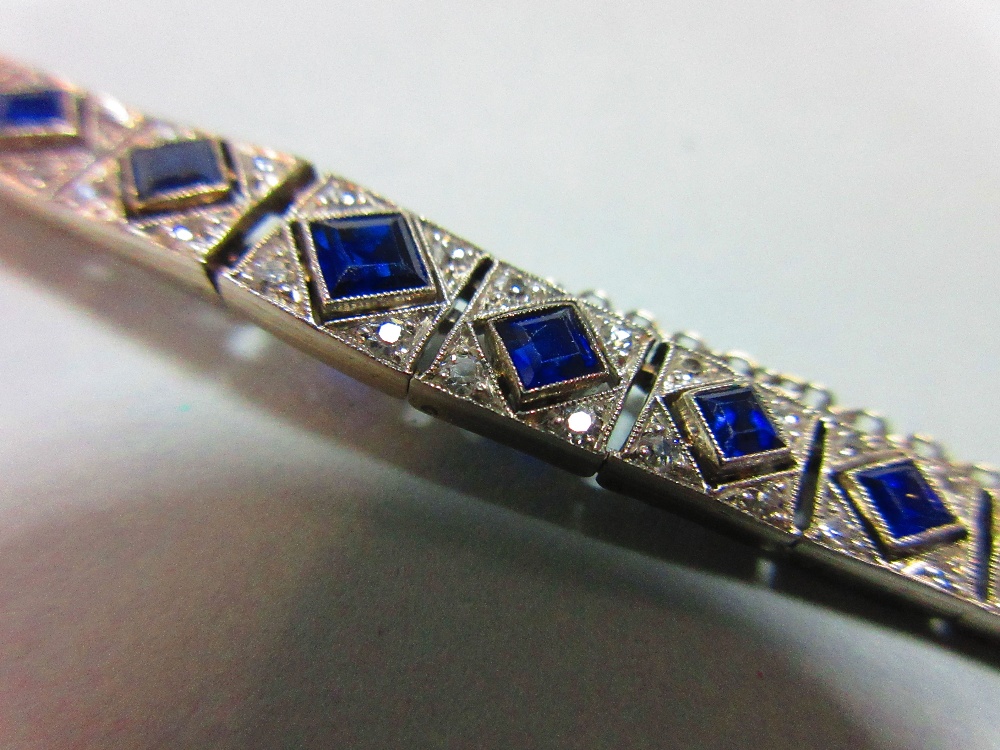 An Art Deco sapphire and diamond bracelet, set to the centre with an articulated and graduated - Image 3 of 5