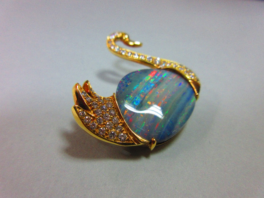 An opal and diamond brooch in the form of a swan, the body of the swimming bird formed by an ovoid - Image 2 of 5