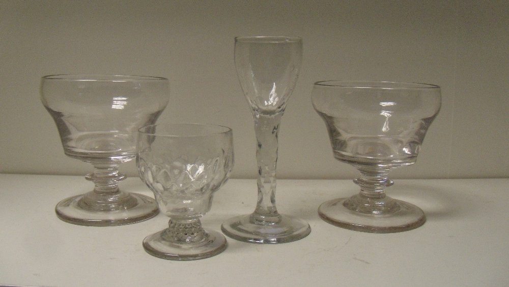 A pair of 19th century rummers, an 18th century wine and a jelly glass, the ogee bowls of the