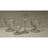 A pair of 19th century rummers, an 18th century wine and a jelly glass, the ogee bowls of the